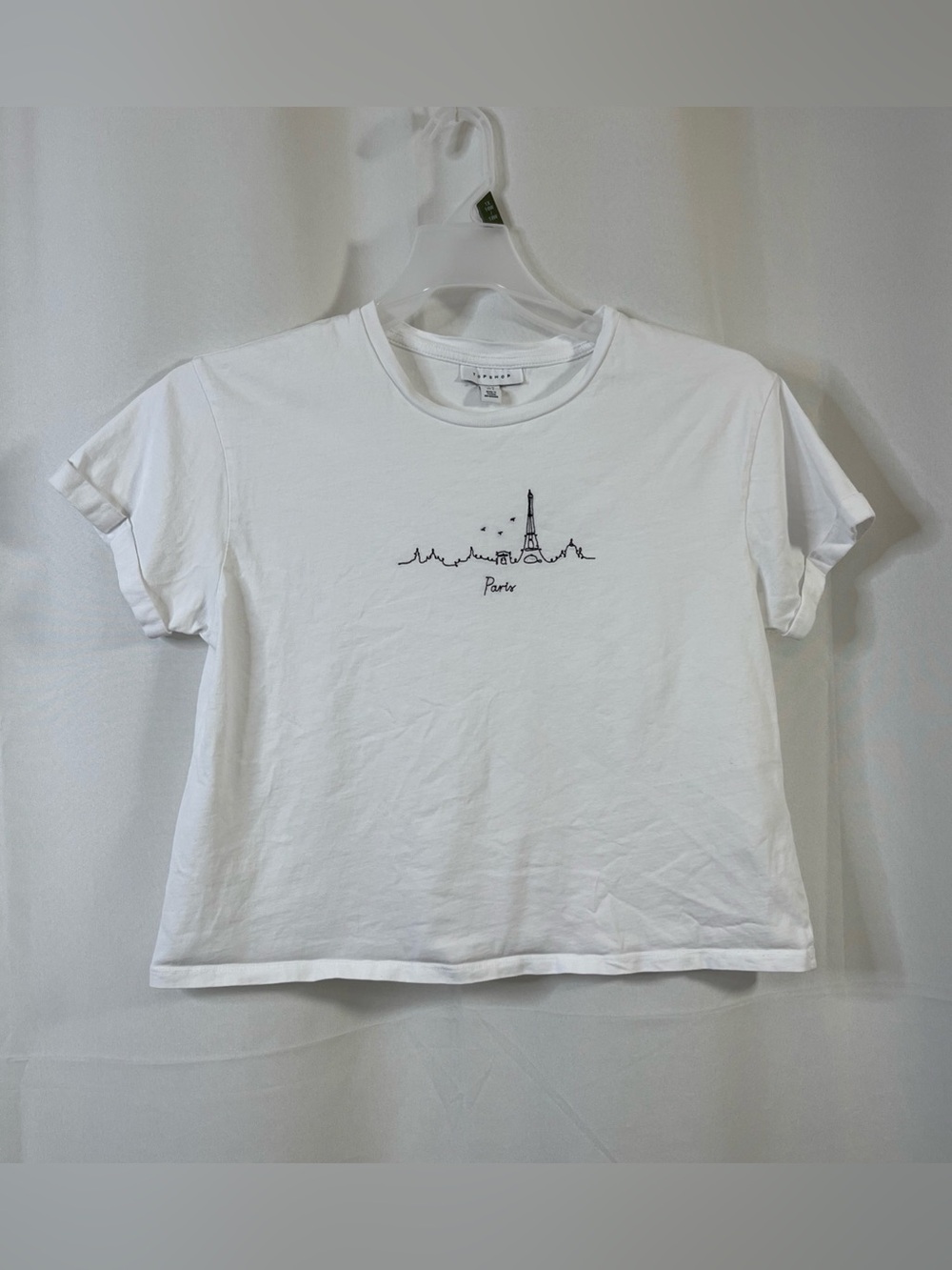 Topshop Womens White Cropped Tee embroidered Paris Skyline Eiffel Tower Shirt 8